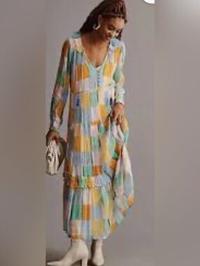 Anthropologie Boho Crepe Patchwork Midi Dress in Pastel Multi-Color: Petite XS